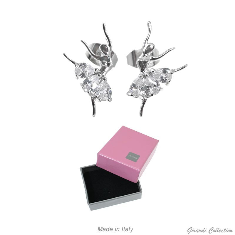 Orecchini in ottone argentato con ballerina e zirconi