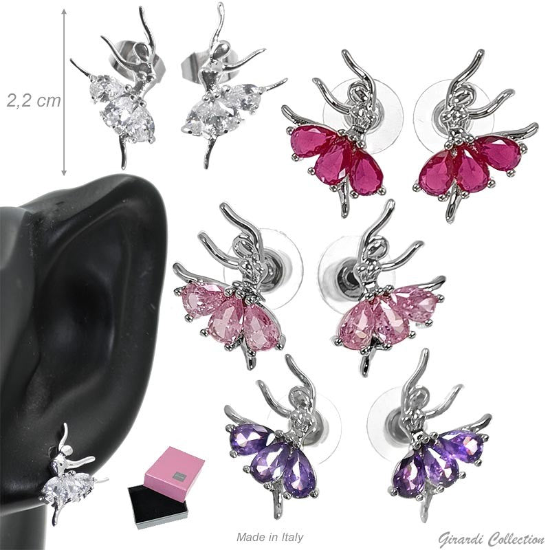 Orecchini in ottone argentato con ballerina e zirconi