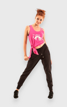 DanzaShop pink viscose tank top with "Danza la Vida!" print and tie-front detail.