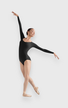 DanzaShop black microfiber long-sleeve ballet leotard with scoop neck, ideal for dance practice.