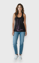 DanzaShop black racerback tank top with pink glitter rhythmic gymnastics leg print and "like G" logo.