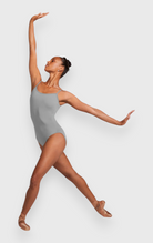DanzaShop grey microfiber camisole leotard with thin straps, ideal for dance.
