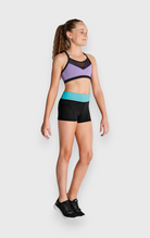 DanzaShop Kaia high-waisted microfiber shorts with contrasting turquoise waistband, ideal for gymnastics training.