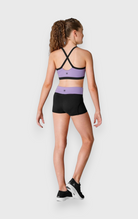 DanzaShop Kaia high-waisted microfiber shorts with contrasting lilac waistband, perfect for gymnastics training.