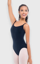 Danzashop black microfiber camisole leotard with scoop neck and deep back with fan-shaped rhinestone detail.