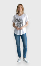 DanzaShop white cotton t-shirt with black ballet terms print and knotted sleeves. Round hem.